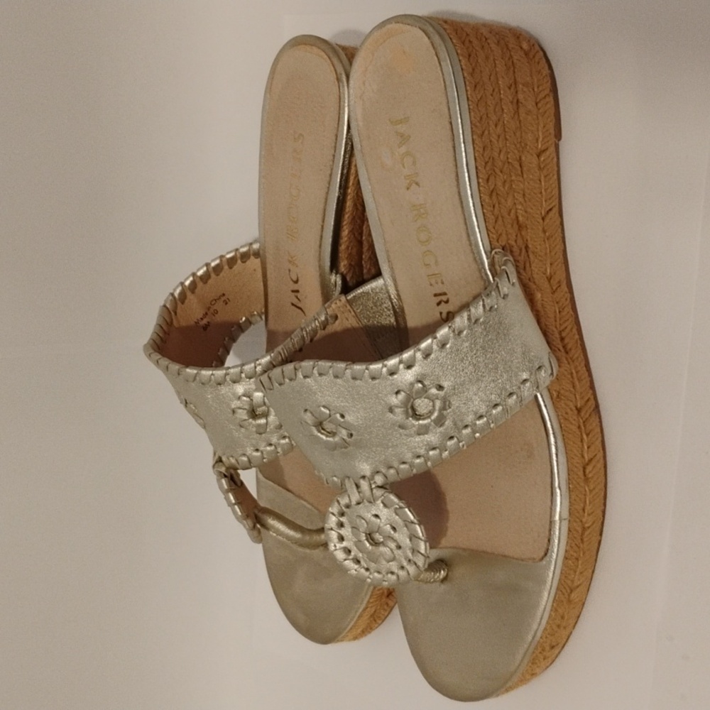 Jack Rogers Sandals Heels Wedge Thong Leather Jute Espadrille Medallion Gold 6 - Picture 12 of 12